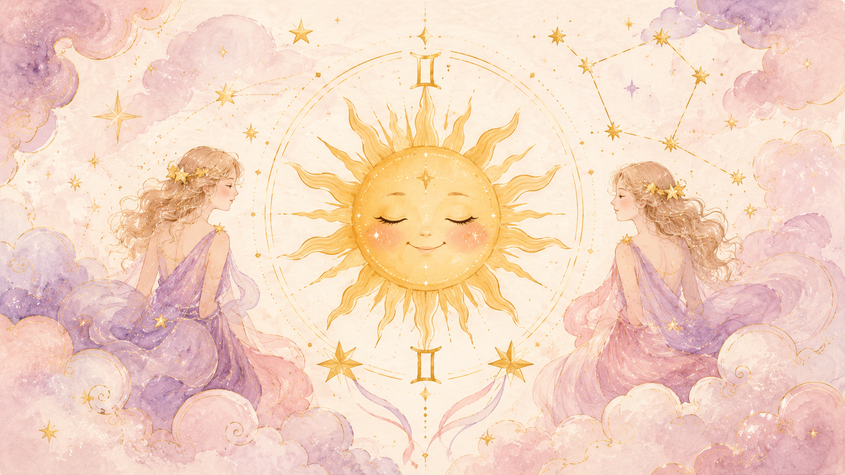 Goldenes Sonnengesicht mit Zwilling-Symbol auf Lavendelhintergrund