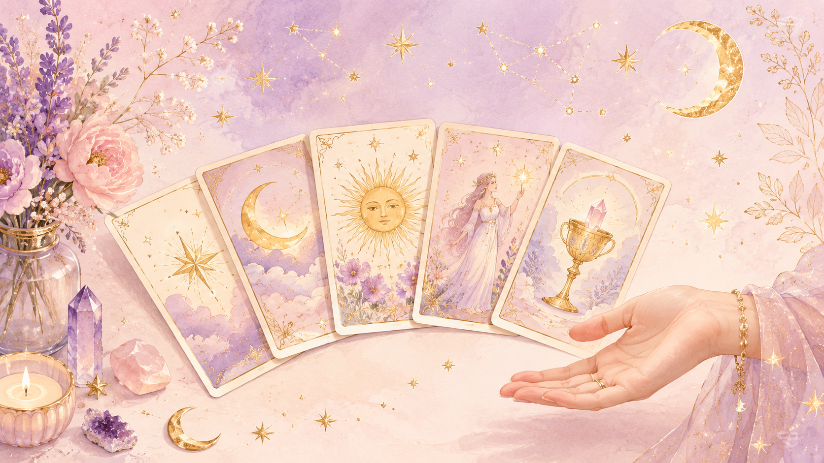 Aufgefächerte Tarotkarten auf cremefarbenem Tuch mit goldenen Sternen