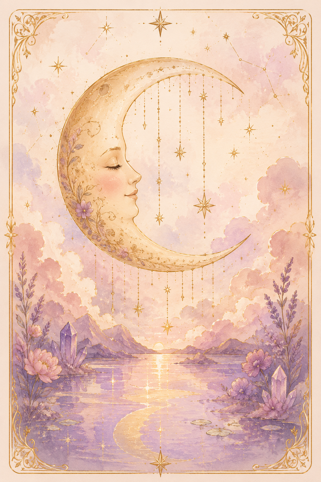 Silbern-goldene Mondsichel mit Sternen im Tarotkartenformat