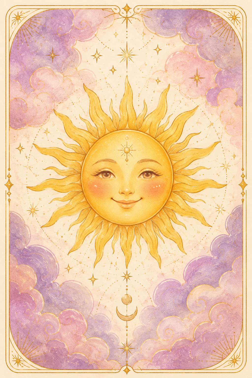 Goldenes, lächelndes Sonnengesicht im Tarotkartenformat