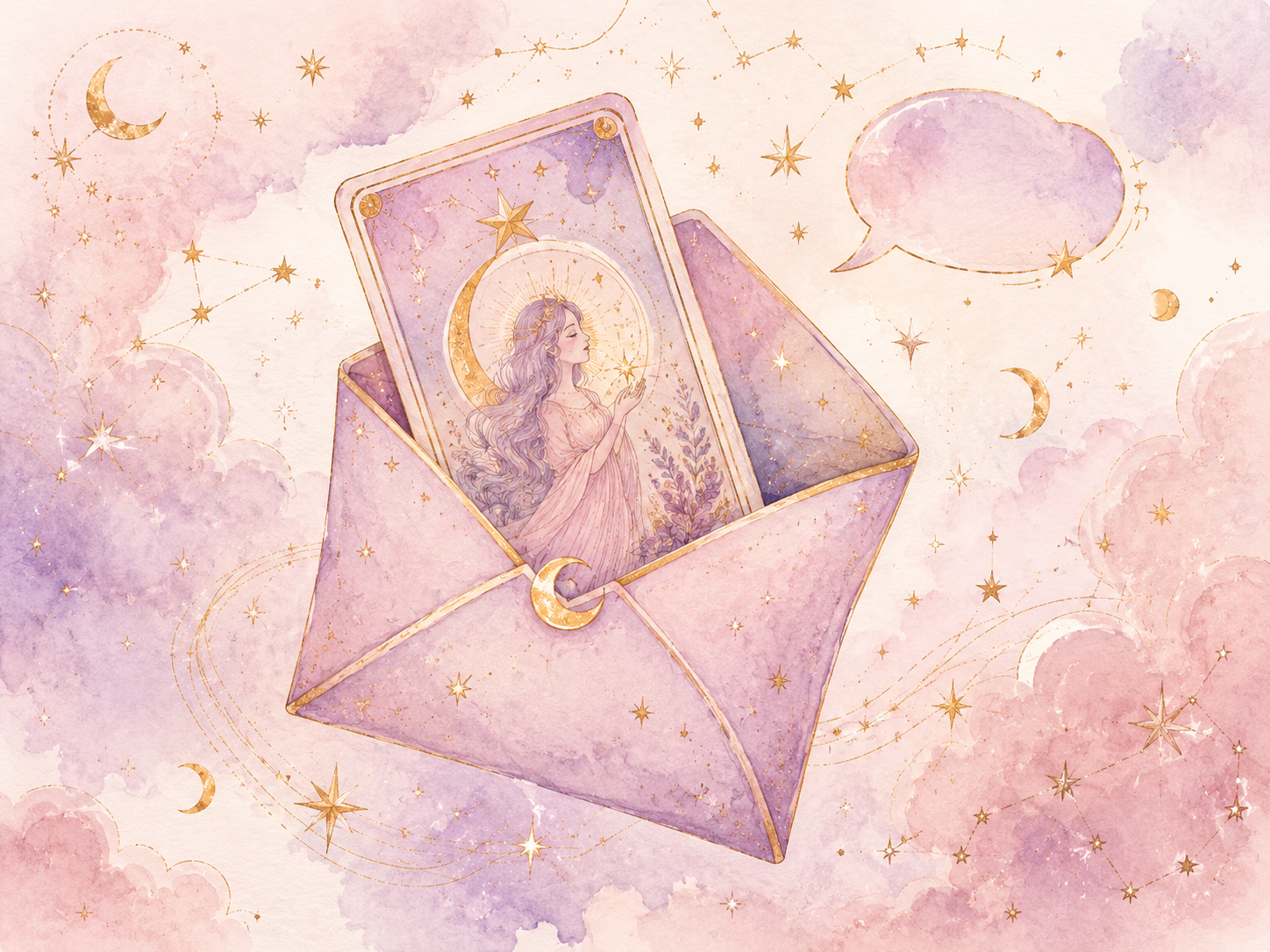 Verträumte Illustration eines Briefumschlags mit Sternen und Tarotkarten