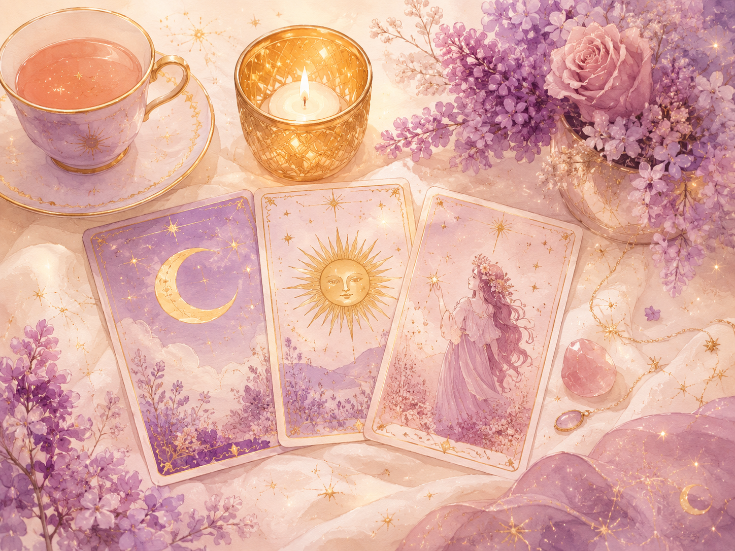 Verträumte Illustration einer Tarot-Session mit Kerze und Karten